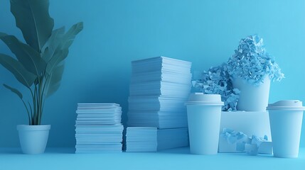 Blue office setup plant, stacks of paper, shredding, coffee cups on desk for work