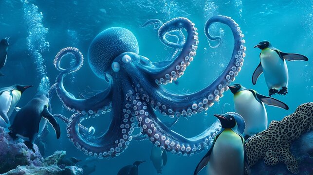 Surreal Antarctic underwater world featuring colossal squid emperor penguins diving leopard seals krill swarms and Dumbo octopus crisp icy blue lighting