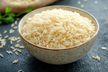 A bowl of cooked, light brown rice grains. Perfect for illustrating recipes, healthy eating, or Asian cuisine.
