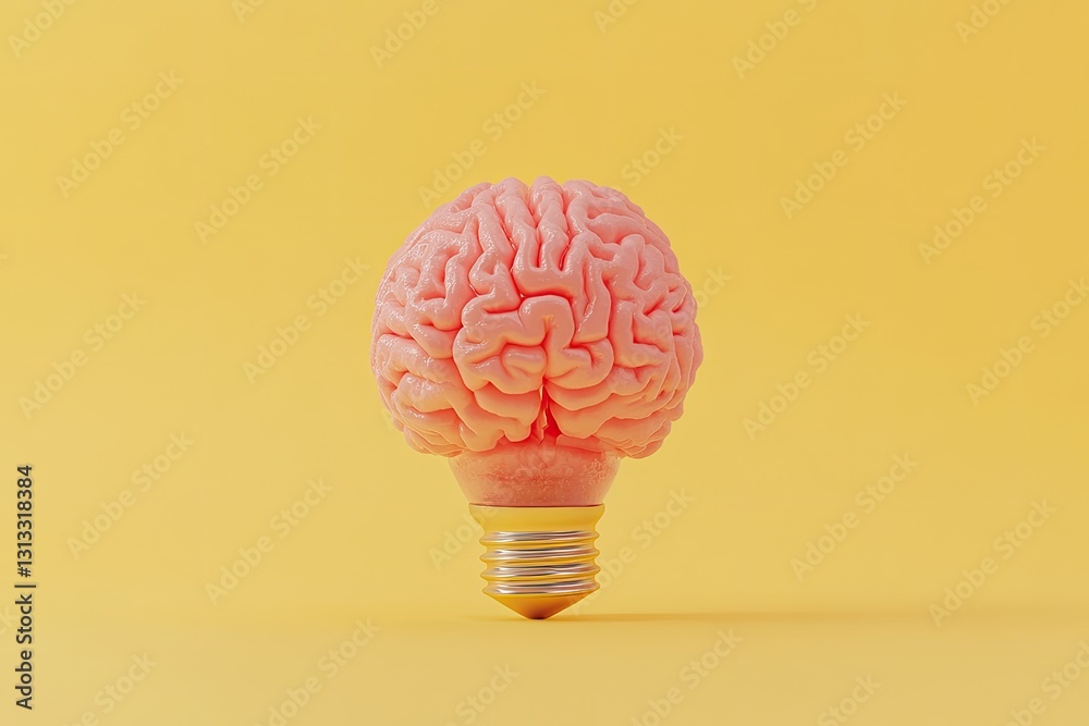 Poster pink brain lightbulb on yellow backdrop