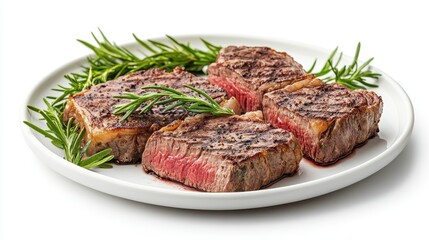 Grilled rosemary steak on white plate. Perfect for menus, restaurant websites, or cooking blogs.