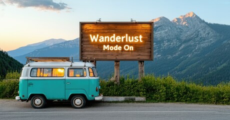 Minimalist wooden billboard wanderlust mode soft brown glowing jade placed beside vintage van...