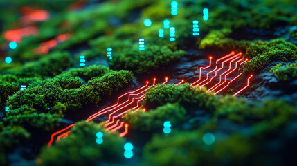 Glowing Circuit Board Lines Embedded in Lush Green Moss Nature Technology Concept