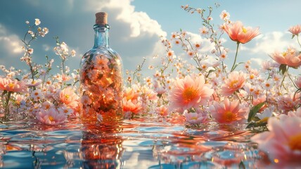 ** Enchanting Glass Bottle Amidst Blooming Flowers in Tranquil Water Reflecting a Serene Sky..**