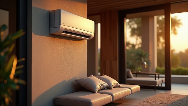 Split System AC, Luxurious home with split AC discrete mounting among high-end furniture golden-hour lighting rich textures natural wood 