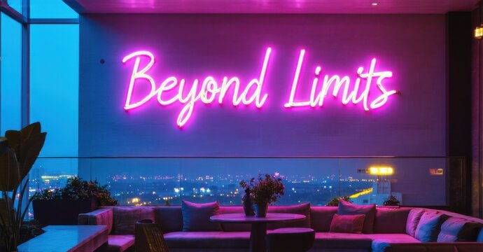 Naklejki Neon sign beyond limits vibrant teal warm fuchsia mounted rooftop executive lounge softly glowing breathtaking city skyline