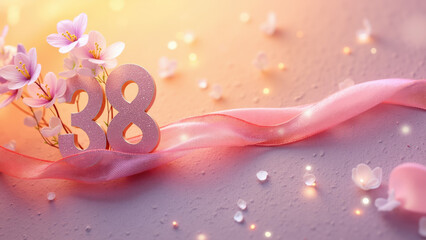 Fototapeta premium the number 38 made up of purple ribbons is the centerpiece, embellished with small lavender flowers, against a background of light purple paper of rough material. the right side is left wide open. the