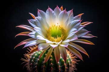 Modern Nature Wall Art: Night Blooming Cereus Cactus Illuminated, Dark Background