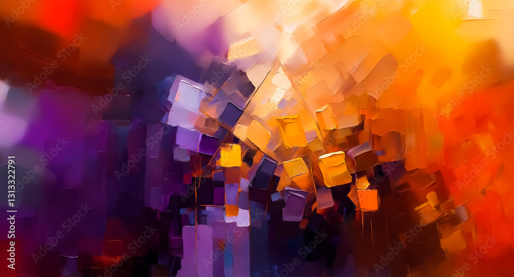 Poster Vibrant brushstrokes and blocks of color create an abstract digital painting. Warm oranges and yellows blend with cool purples and blues, forming a dynamic, textured composition.