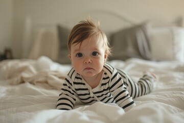 Fototapeta premium Pensive and Relaxed Baby in Striped Onesie on Bed with Natural Daylight