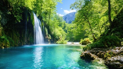 Serene Forest Landscape with Cascading Waterfall and Clear Pool