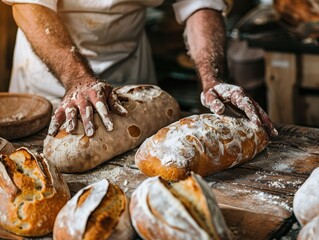 Baker arranging artisan bread on rustic wooden table in soft natural lighting
