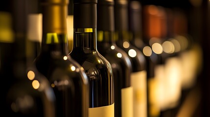 A row of wine bottles in focus, soft background blur; elegance and craftsmanship in every detail.

