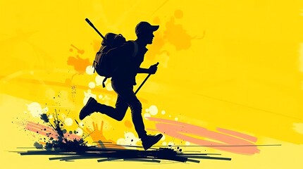 Fototapeta premium Dynamic Silhouette of a Hiking Man on a Sunny Trail