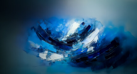Abstract painting features swirling shades of blue, white, and black.  Brushstrokes create a vortex effect, suggesting depth, motion, and artistic energy.