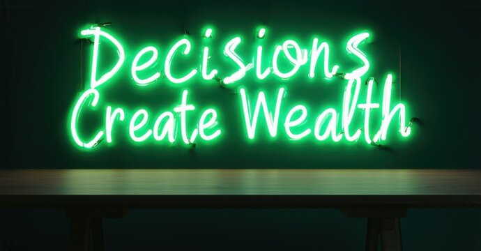 Neon sign decisions create wealth emerald deep magenta floating inside high stakes investment roundtable softly illuminating billion dollar contracts