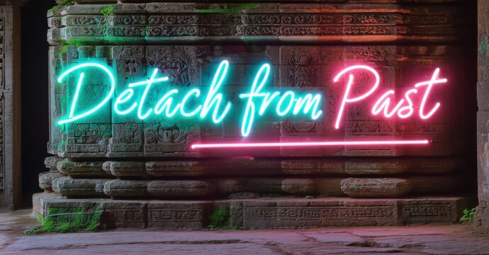 Naklejki Neon sign detach past warm cyan soft peach floating ancient stone temple casting streaks weathered architecture