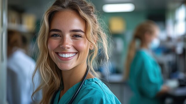Smiling healthcare professional in scrubs with colleagues in a busy medical environment