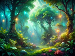 Naklejka premium Mystical Glowing Forest: Lush Verdant Canopy with Illuminated Flora