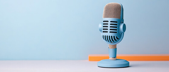 Vintage blue microphone on orange shelf