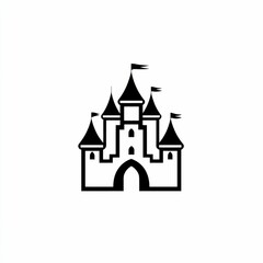 Fototapeta premium Simple black and white illustration of a fairytale castle with multiple towers and flags.