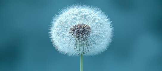 Close-up of a fluffy dandelion seed head against a teal background.