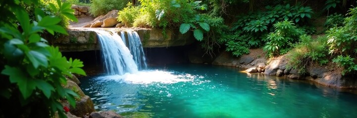 Naklejka premium Sparkling water plunges into emerald pool, surrounded by lush greenery , nature, summer