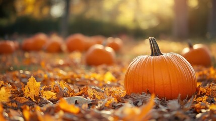 Autumnal pumpkin patch scene with scattering golden leaves and soft sunlight