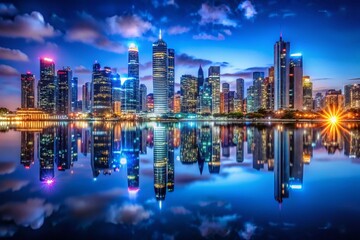 Obraz premium Night City Lights Reflecting on Calm Water, 2023