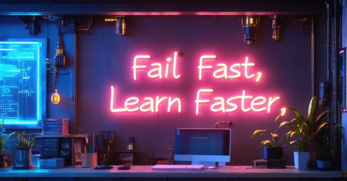 Neon sign fail fast learn faster cyber indigo warm peach glowing inside tech accelerator space casting reflections futuristic workstations