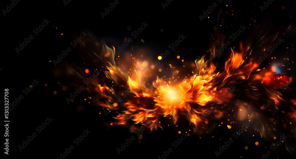 Leinwandbilder A vibrant fiery burst of energy erupts against a dark background. Abstract flames and sparks create a dynamic explosion effect with warm colors.