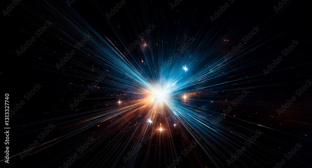 Poster radiant core explodes with energy, casting blue and orange beams in darkness. vibrant rays emanate o