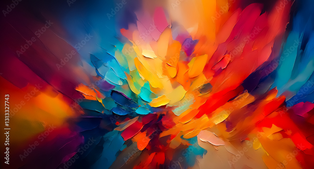 Poster vibrant brushstrokes burst across the canvas in an explosion of color. thick, textured paint creates