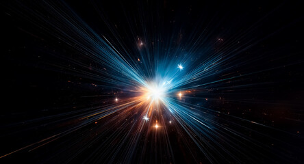 Fototapeta premium Radiant core explodes with energy, casting blue and orange beams in darkness. Vibrant rays emanate outward, illuminating the black backdrop.