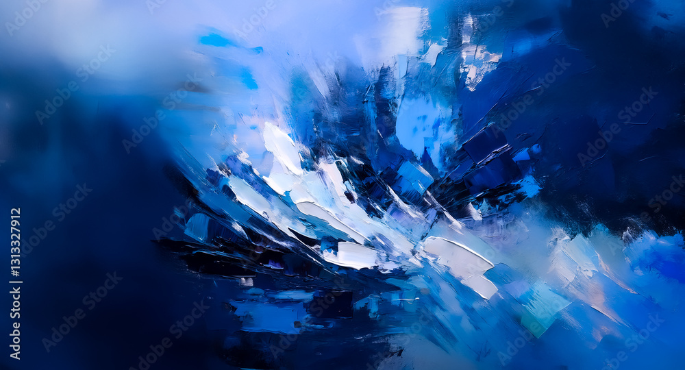 Poster abstract painting featuring dynamic brushstrokes in shades of blue and white. fluid textures create 