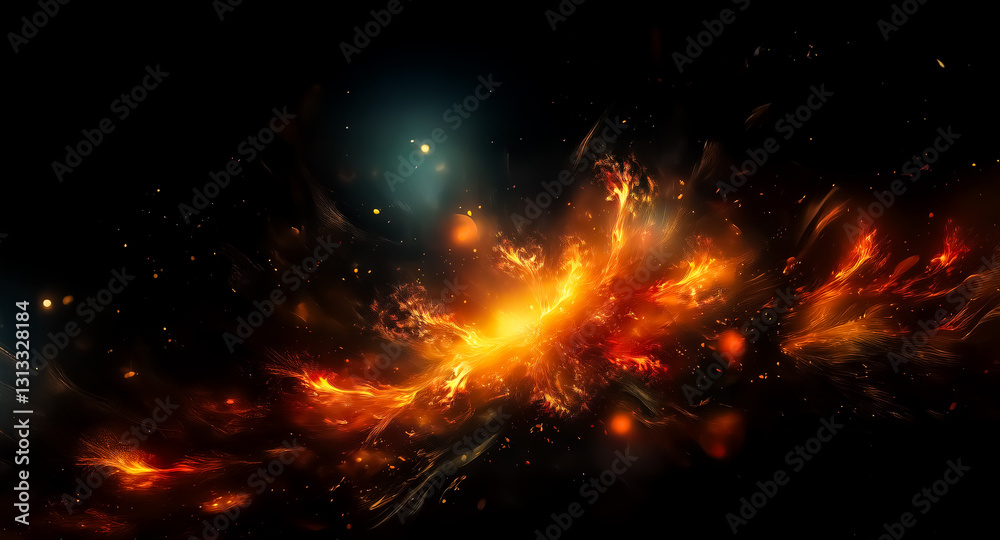 Aufkleber a vibrant fiery explosion dominates the dark space, with intense orange and yellow hues creating a d