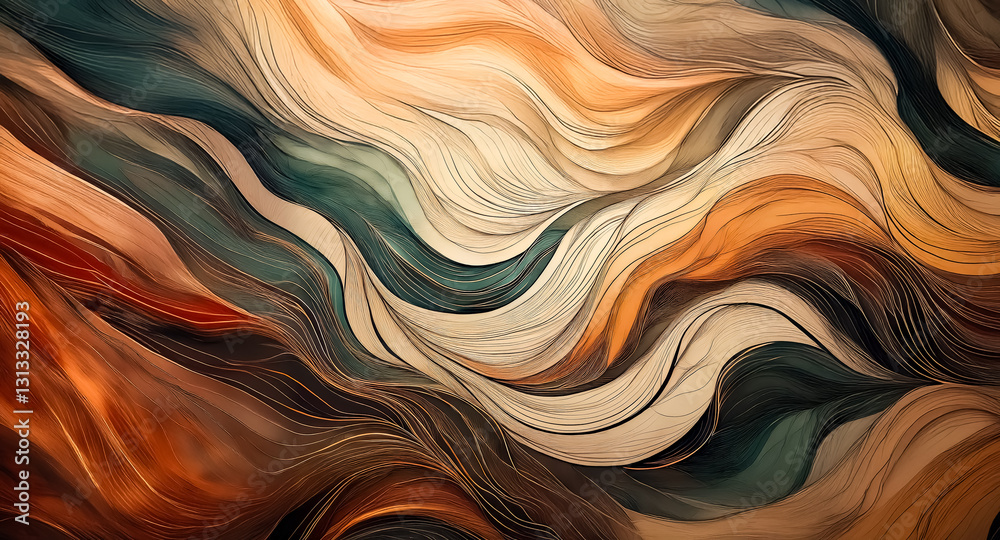Aufkleber Abstract flowing lines in warm earth tones and cool green hues create a dynamic wavy pattern. Organic and smooth, the surface evokes movement and texture.