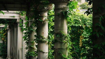 Classic Columns Adorned with Lush Greenery in Soft Light