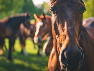 Naklejka premium Close-up of a horse's muzzle among grazing companions in a field