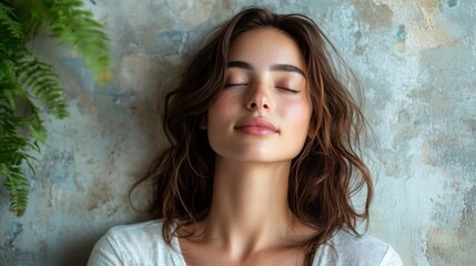Fototapeta premium Woman with closed eyes practicing mindfulness and finding inner peace in a calm and serene environment