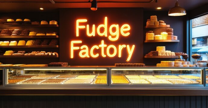 Naklejki Neon sign fudge factory dark caramel amber mounted inside chocolate themed shop reflecting off counters filled glowing trays