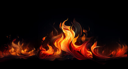 Fototapeta premium Vivid flames dance against a stark black backdrop, showcasing dynamic energy and intense heat. The fiery illustration evokes warmth, power, and a sense of dramatic intensity.