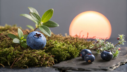 Fresh blueberries on moss with green leaves and sunset background