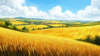 Fototapeta premium Radiant wheat field under a sunny sky idyllic rural landscape embodying tranquility nature's golden harvest and countryside charm