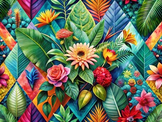 Organic Double Exposure: Geometric Pattern Background Botanical Illustration Stock Photo