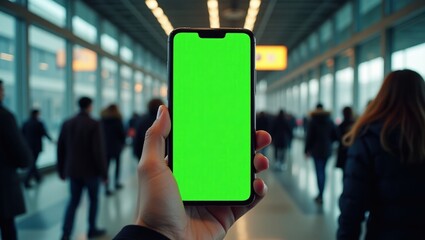 Fototapeta premium A busy train station with a close-up shot of a hand holding a smartphone, its screen completely green for chroma key effects. Commuters rush in the background, the station’s architecture featuring lar