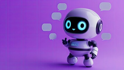 Cute robot communicating, purple background, social media interaction