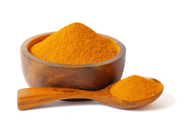 Turmeric powder in wooden spoon and turmeric powder in wooden cup. isolated on white background.