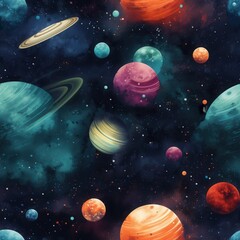 Whimsical cartoon planets and stars dancing joyfully in a colorful sky filled with imagination and wonder