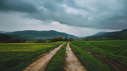 Fototapeta premium Dirt Road Meandering Through Lush Green Landscapes Under Cloudy Skies